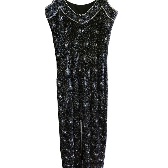 Black Hand Beaded Formal Gown with Iridescent Beads and Pearls Size 2 - Picture 4 of 12